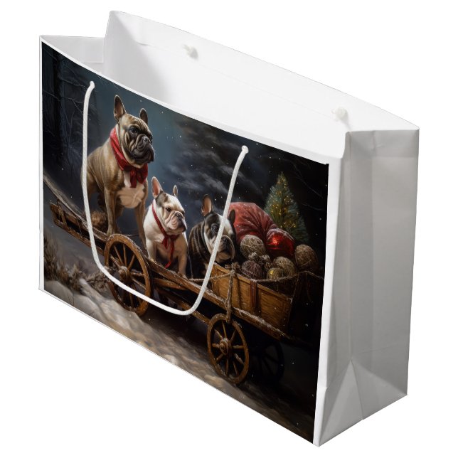 Fransk Bulldogg Snöig Slädjul Dekoration (Framsidan Vinklad)