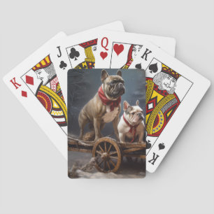 Fransk Bulldogg Snöig Sleigh Juldekoration Casinokort