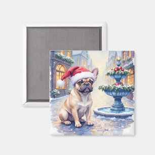 Fransk Bulldogg Snöig Stad Fontän Tomte Jul Magnet