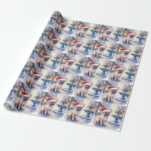 Fransk Bulldogg Snöig Stad Fontän Tomte Jul Presentpapper