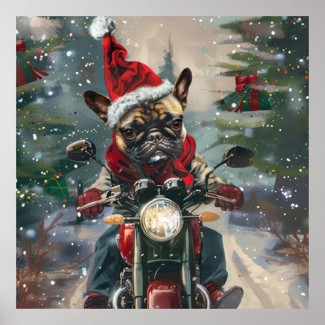 Fransk Bulldogg som kör motorcykel jul Poster (Framsidan)