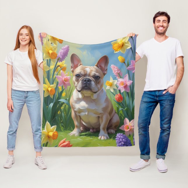 Fransk Bulldogg Vårblommor Målning Fleecefilt (På plats)