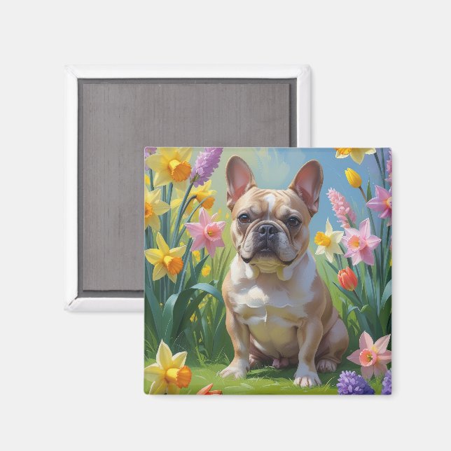 Fransk Bulldogg Vårblommor Målning Magnet (Front/Back)