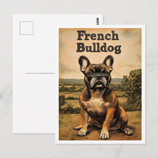 Fransk Bulldogg Vintage Konst Vykort (Fram/baksida)