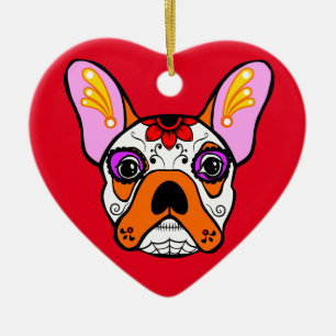 Fransk bulldoggsockerskalle julgransprydnad keramik
