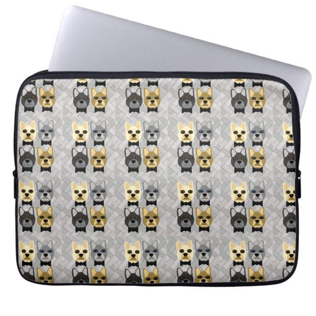 Fransk Bullhund Herringbone Grått Laptop Fodral (Framsidan)
