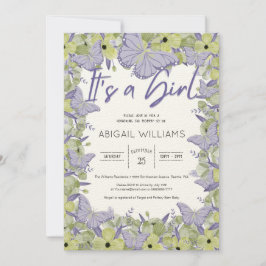 Fransk Butterfly och Flower Cute Girl Baby Shower Inbjudningar
