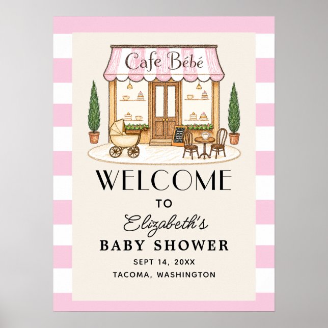 Fransk Café Bébé Flicka Bebis Shower Välkomstskylt Poster (Framsidan)
