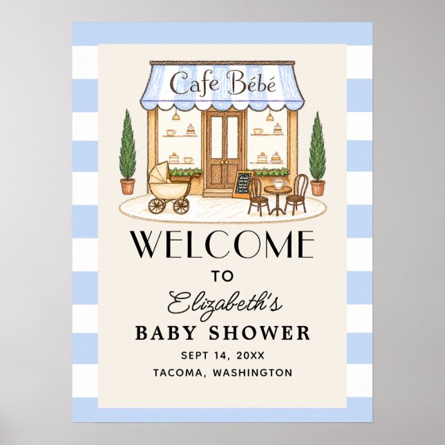 Fransk Café Bébé Pojke Baby Shower Välkomstskylt Poster (Framsidan)