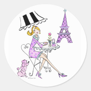 Fransk Cafe Girl Stickers Runt Klistermärke