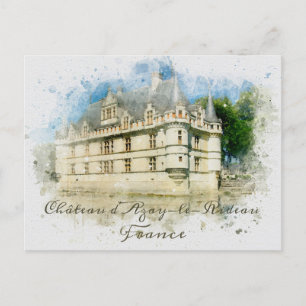 Fransk Chateau Medieval Castle Frankrike Watercolo Vykort