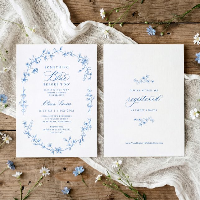 Fransk Chinoiserie Something Blue Bröllopsdusch Inbjudningar (Something blue before I do bridal shower invitation with blue French wildflower toile design)
