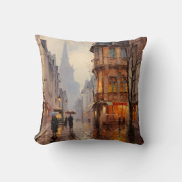 Fransk Cobblestone Street Town - Impressionist Art Kudde