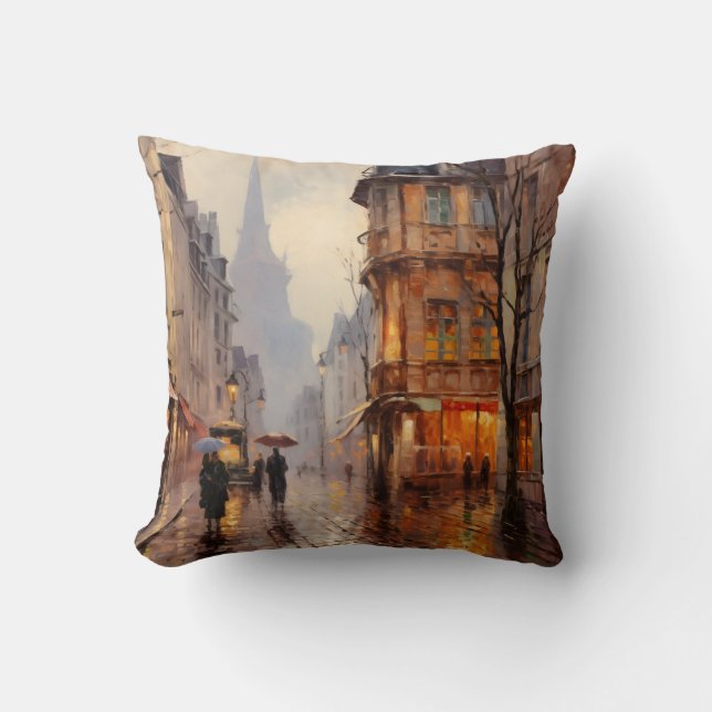 Fransk Cobblestone Street Town - Impressionist Art Kudde (Framsida)