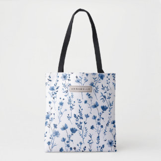 Fransk Cottage Blue Wildblomma Tote Bag Tygkasse