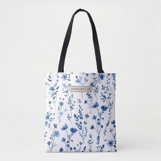 Fransk Cottage Blue Wildblomma Tote Bag Tygkasse (Framsida)