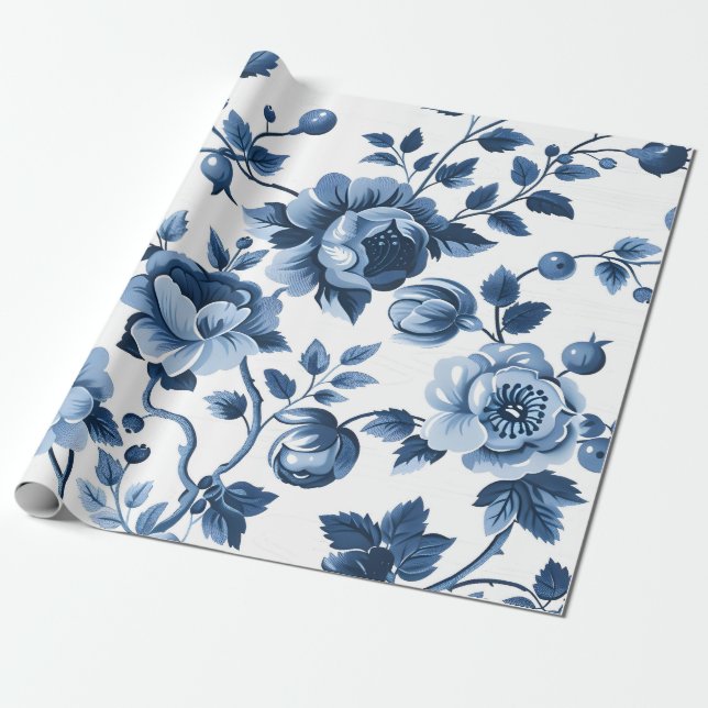 Fransk Cottagecore Blue-Blommönster Presentpapper (Utrullad)