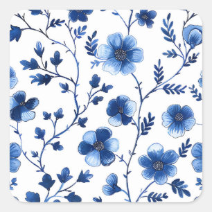 Fransk Cottagecore Blue Blommönster Tissue Pap Fyrkantigt Klistermärke