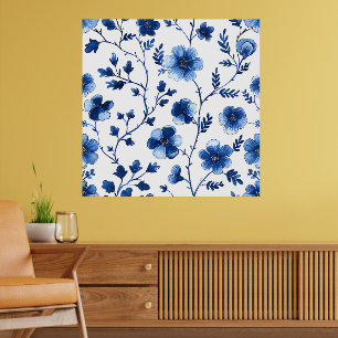 Fransk Cottagecore Blue Blommönster Tissue Pap Poster