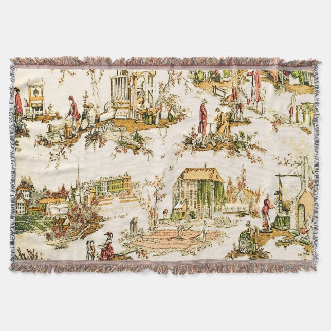 Fransk Creme Toile Chinoiserie Stil Rustic Filt (Framsidan)