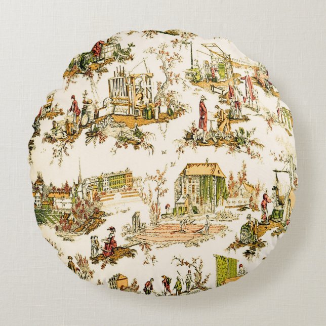 Fransk Creme Toile Chinoiserie Stil Rustic Rund Kudde (Framsidan)