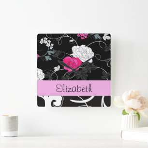 Fransk Damask, Blommor, Svartvit, ditt namn Fyrkantig Klocka