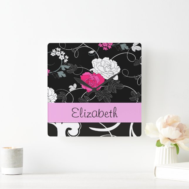 Fransk Damask, Blommor, Svartvit, ditt namn Fyrkantig Klocka (Hem)