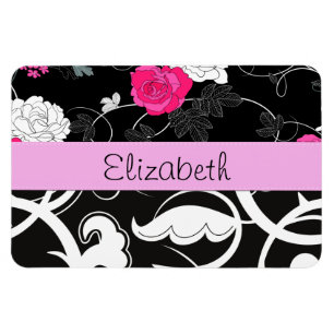 Fransk Damask, Blommor, Svartvit, ditt namn Magnet