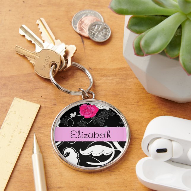 Fransk Damask, Blommor, Svartvit, ditt namn Rund Silverfärgad Nyckelring (Skrivbord)