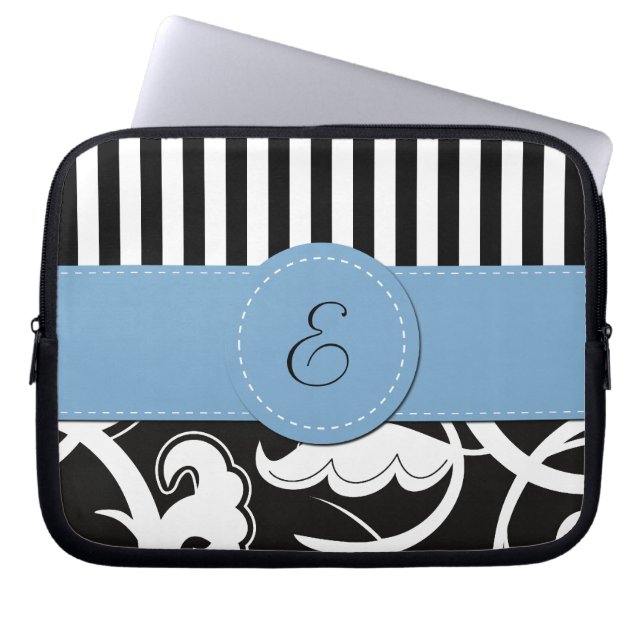 Fransk Damask, Rand, Svartvit, Monogram Laptop Sleeve (Framsidan)
