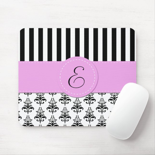 Fransk Damask, Rand, Svartvit, Monogram Musmatta (Med mus)