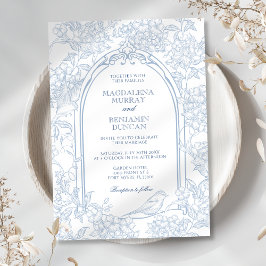 Fransk Dusty Blue Blommigt Toile Ram Birds Bröllop Inbjudningar
