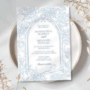 Fransk Dusty Blue Blommigt Toile Ram Birds Bröllop Inbjudningar