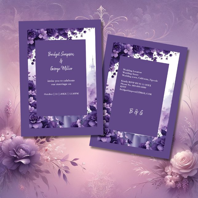 Fransk Elegance: Eiffel Torn & Lila Bröllop Inbjudningar (Skapare uppladdad)
