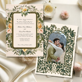 Fransk Elegant Vintage Blommigt Gult Sage Bröllop Inbjudningar