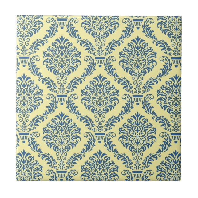 Fransk Empire Damask in Azure Blue och Cream Kakelplatta (Framsidan)