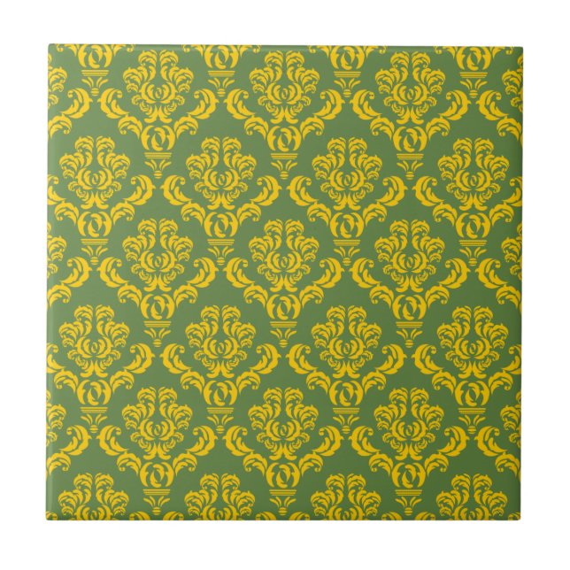 Fransk Empire Damask in Gult and Handflatan Grönt Kakelplatta (Framsidan)