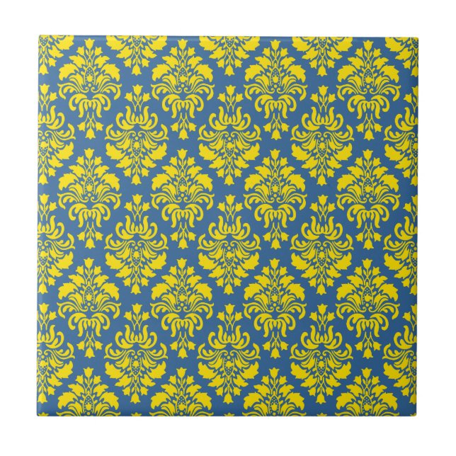 Fransk Empire Damask in Gult och Azure Blue Kakelplatta (Framsidan)