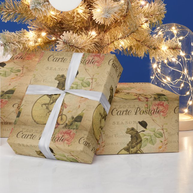 Fransk Ephemera Frog Riding Bicycle Blommigt Presentpapper (Helgdagar)