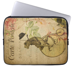 Fransk Ephemera vykort Frog Riding Bicycle Ro Laptop Fodral