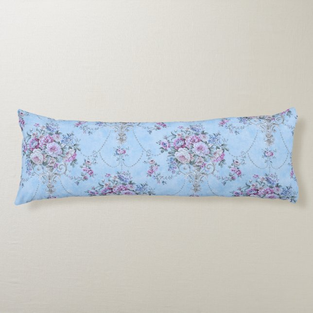 Fransk European Blue White Victorian Stil Blommigt Kroppskudde (Framsidan)