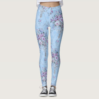 Fransk European Blue White Victorian Stil Blommigt Leggings