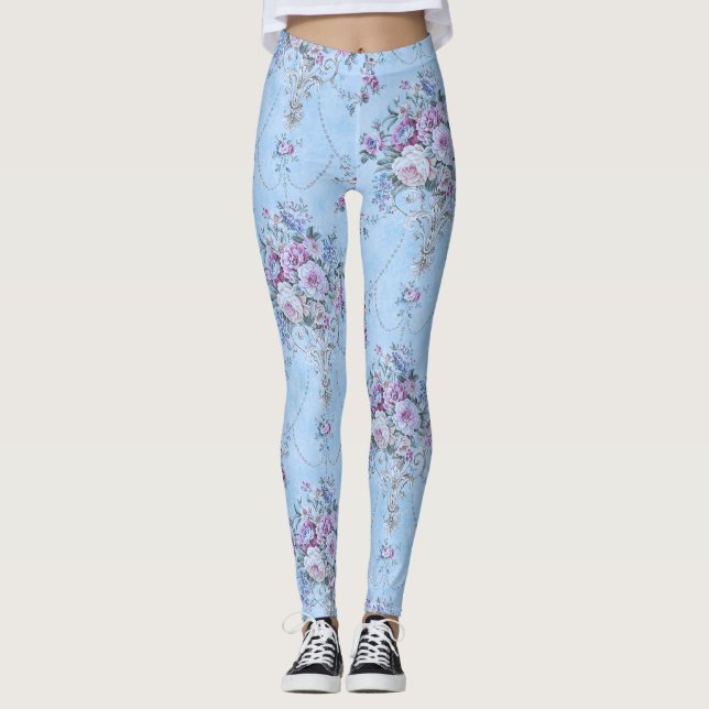 Fransk European Blue White Victorian Stil Blommigt Leggings (Framsida)