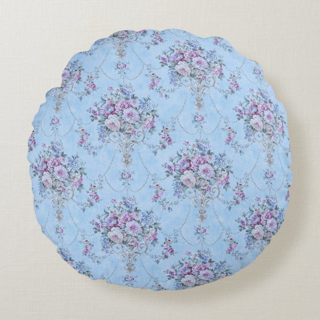 Fransk European Blue White Victorian Stil Blommigt Rund Kudde (Framsidan)
