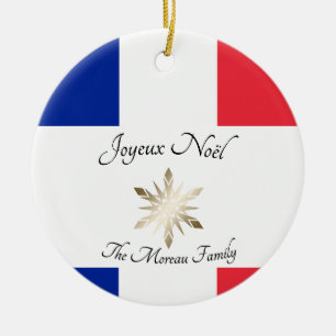 Fransk Family Namn Joyeux Noël Flagga och Snowflak Julgransprydnad Keramik
