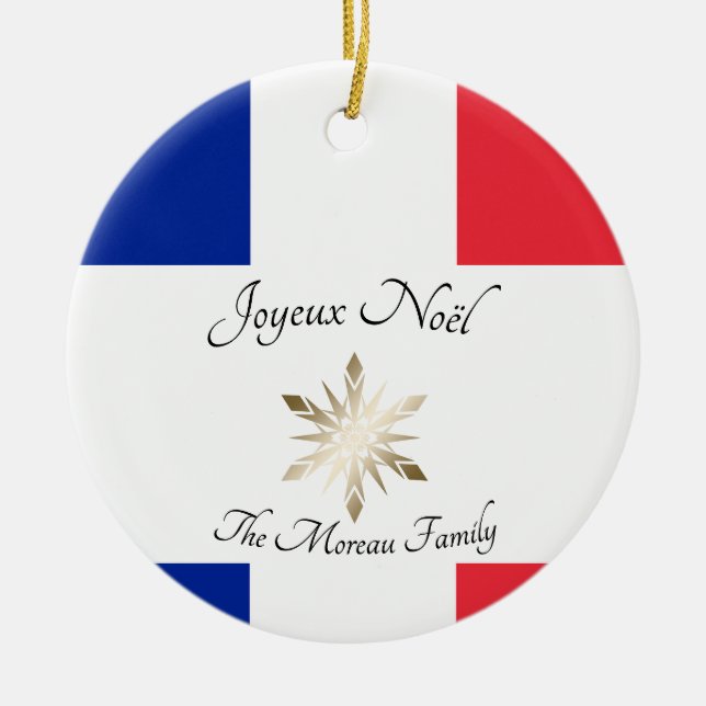 Fransk Family Namn Joyeux Noël Flagga och Snowflak Julgransprydnad Keramik (Framsidan)