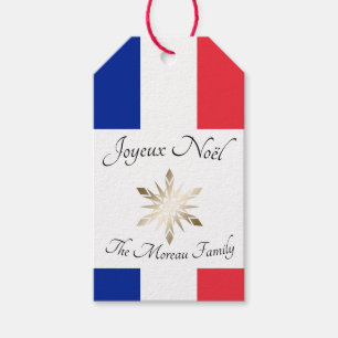 Fransk Family Namn Joyeux Noël Flagga och Snowflak Presentetikett
