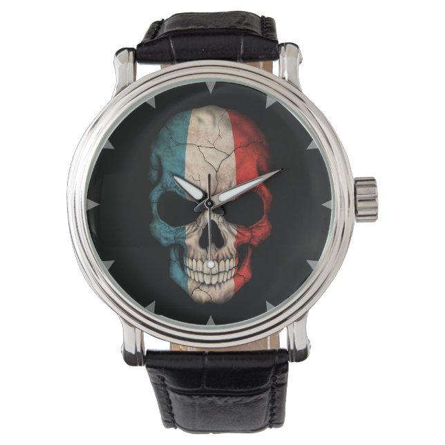 Fransk Flagga Skull på svart Armbandsur (Framsida)