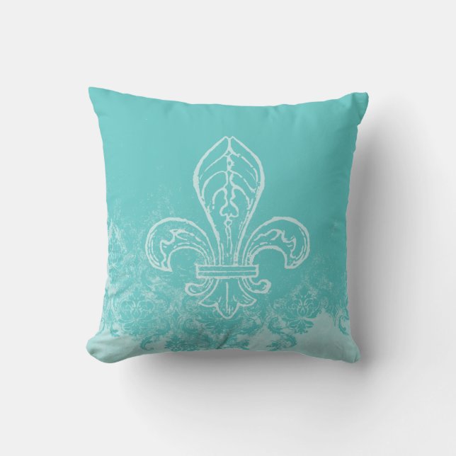Fransk Fleur de Lis Aqua Damask Kudd Kudde (Framsida)