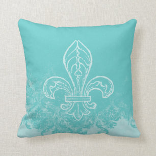 Fransk Fleur de Lis Aqua Damask Kudd Kudde